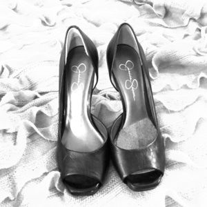 Black peek-a-boo heels.